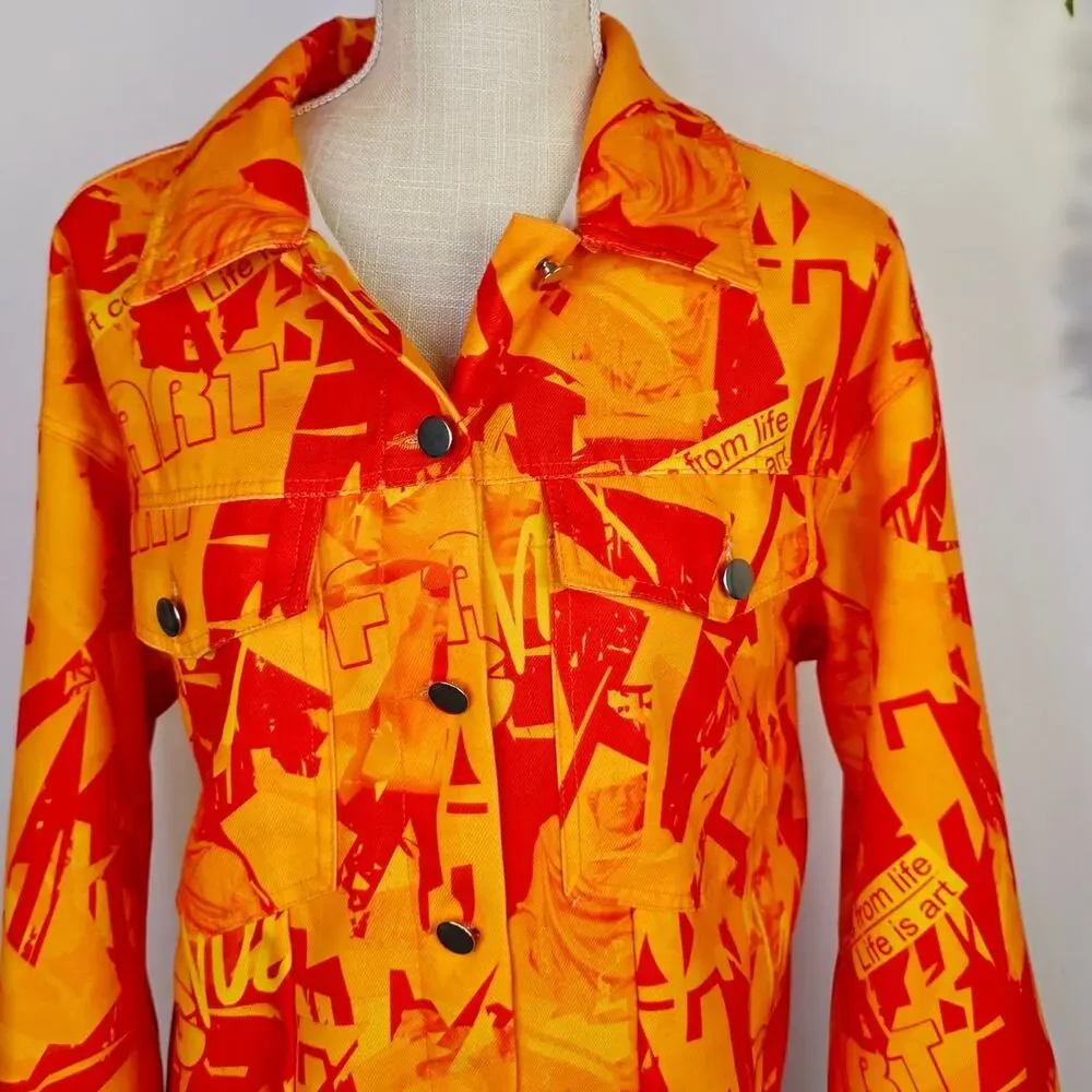 Artsy Graffiti Jacket Large Orange Art is Life Button Front Pop Streetwear Shein